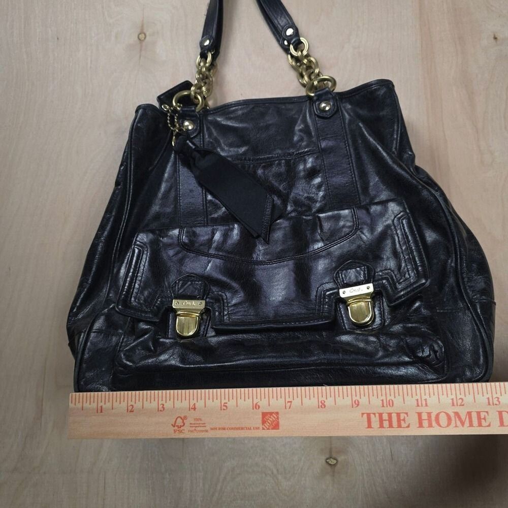 Coach Poppy Camellia Pushlock Leather Tote Glossy Black Leather #1 - Picture 14 of 14